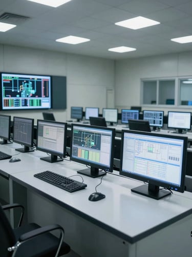 Wide environmental shot of an industrial control room, multiple dashboard monitors displaying real-time production data, cool blue-white monitor glow, no visible people, clean and precise composition