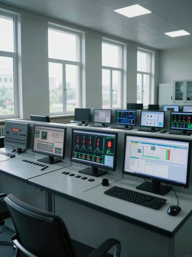Wide environmental shot of an industrial control room, multiple monitors displaying real-time production dashboards and sensor data streams, cool north-facing daylight through narrow windows, no people visible, camera framing left side of the room with instrumentation panels in focus