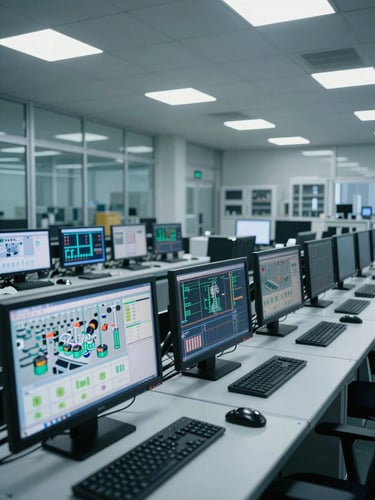Wide-angle view inside an industrial control room, rows of monitors displaying real-time production dashboards under cool north-facing fluorescent light, no people visible, sensor arrays and data screens dominating the foreground, factory floor visible through glass in the background