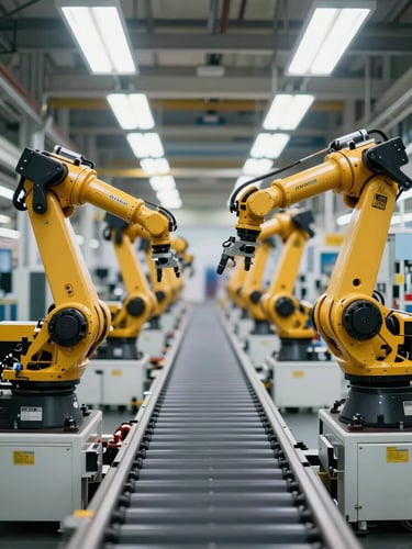 Environmental wide shot of a modern automotive assembly line from ground level, robotic arms mid-motion on either side of the conveyor, cool north-facing daylight through factory skylights, no people, shallow depth of field on the nearest robot arm