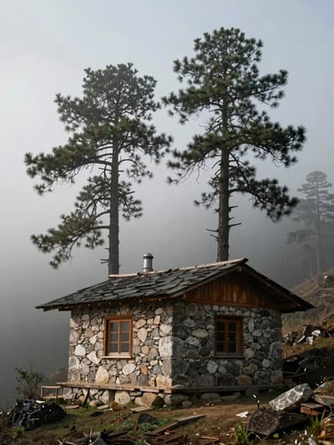 Austere stone-and-timber cabin exterior on the misty Bhaderwah ridge, towering pine trees in dense morning fog, low-key natural daylight.