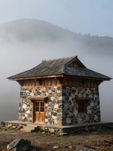Austere stone-and-timber sanctuary building standing against dense morning fog on the Bhaderwah ridge.