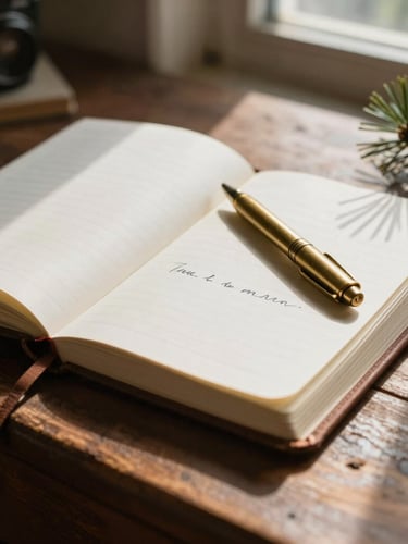 Close-up of a rustic wooden writing desk, an open leather-bound journal with handwritten ink, a heavy brass pen, soft morning light filtering through a window, shadow of pine needles.