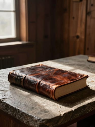Vast wide-angle view of a heavy leather-bound book resting on an austere stone writing desk, a single-source warm lamplight casting deep shadows against dark pine wood walls, mist visible through a small window.