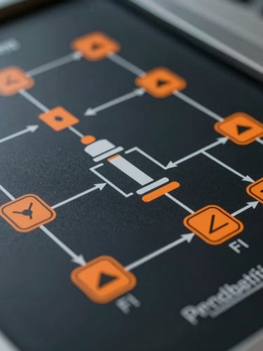 Close-up technical detail of an industrial process safety flow diagram with clean vector lines and orange risk indicators on a dark screen.