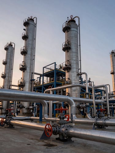 Wide panoramic shot of a modern chemical plant at sunset, complex steel piping system in sharp focus, safety orange valves contrasting against cold gray steel, dramatic perspective.