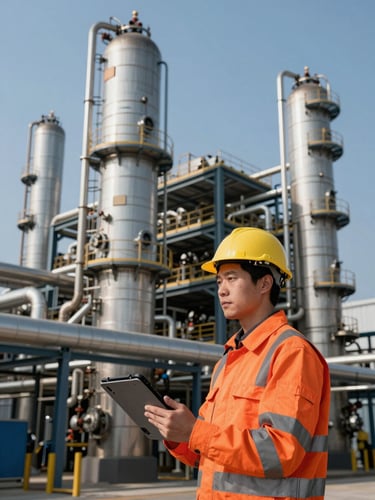 High-contrast daylight shot of a modern industrial chemical plant with structured steel pipelines, an engineer in high-visibility orange gear holding a technical tablet in the foreground, sharp architectural lines.