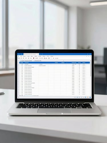 Straight-on clean office desk in Cairo with a laptop displaying a structured payroll spreadsheet, bright natural window light, professional corporate atmosphere