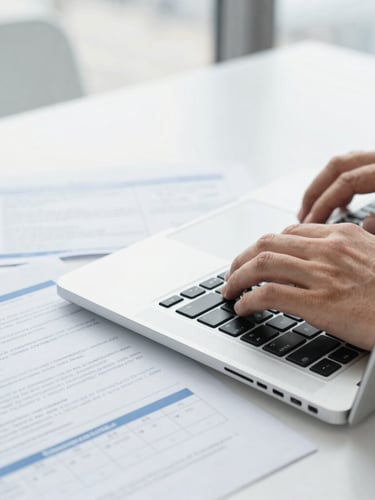 Close-up of hands typing on a laptop next to printed regional compliance documents, bright neutral office daylight, professional tech aesthetic.