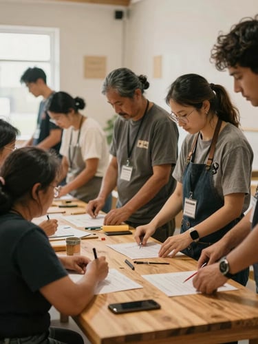 Candid documentary photograph of a local community workshop, warm ambient light, volunteers and families collaborating around a wooden table, shallow depth of field.