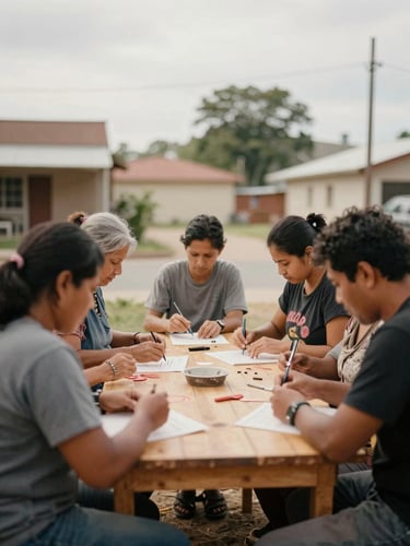 Candid documentary photograph of a neighborhood workshop, natural overcast daylight, warm muted tones, community members collaborating around a wooden table, shallow depth of field, 35mm style.