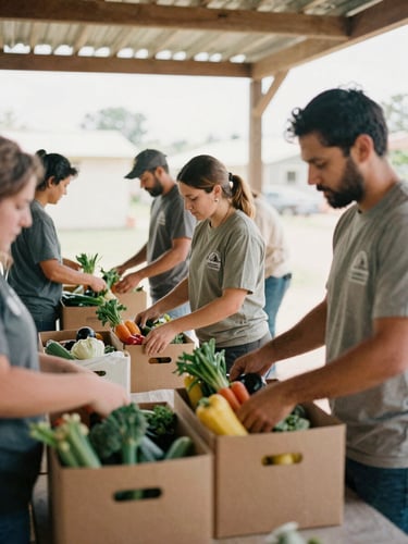 Candid documentary photograph of local volunteers packing fresh produce boxes in a sunlit community center, warm muted earth tones, 35mm film style.