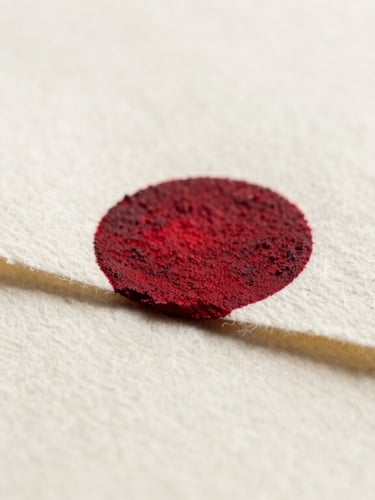 Macro close-up of deep Persian madder red ink drying on the textured deckled edge of handmade cotton paper, soft natural side-light, fine art photography