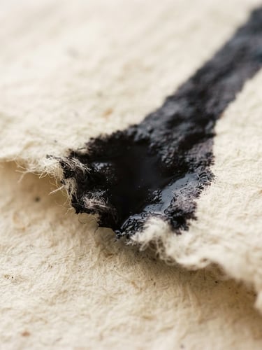 Macro photograph of deep black calligraphic ink pooling on the fibrous edge of textured handmade ivory paper, soft natural side-light, fine-art gallery style