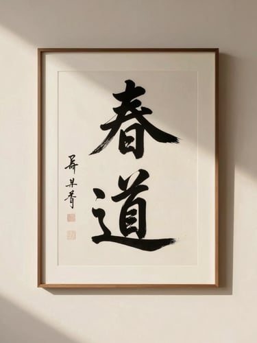 A minimalist sunlit gallery wall with a single large-scale framed calligraphy artwork, casting soft diagonal shadows on a warm ivory plaster surface
