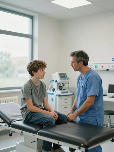 Wide clinical room interior at Hope Children Hospital, a teenage patient seated on an examination table speaking with a clinician in scrubs, natural window light from the left, medical equipment visible in the background, eye-level medium shot conveying attentiveness and calm competence
