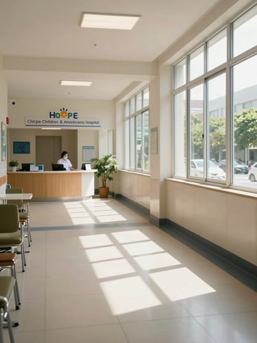 Wide shot of the Hope Children & Adolescents Hospital entrance corridor, natural daylight streaming through large windows onto clean tiled floors, a nurse at a reception desk visible in the background, clinical and welcoming
