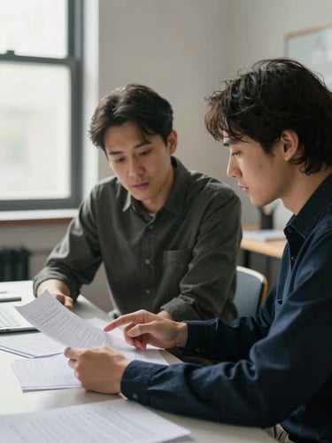 Medium shot of two people seated side by side at a table in a community workspace, one pointing at a printed document, natural daylight from a window to the left, papers and a notebook visible on the table, focused and calm