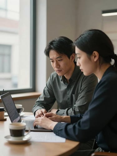 Medium shot from the side of a mentor and participant seated at a table, both looking at a laptop screen, natural window light from the left, coffee cups and papers on the table, quiet office environment