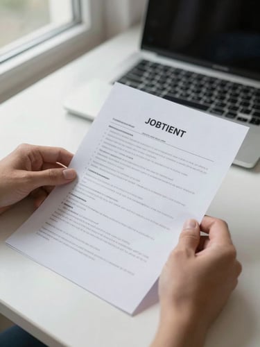 Close-up of a person at a plain desk reviewing printed documents and a job listing, natural window light from the left, hands visible turning a page, a laptop open in the background, clean workspace