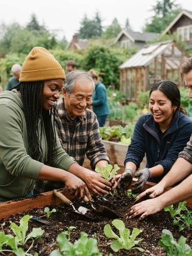Warm, natural-light photo of diverse community volunteers actively collaborating on a local project in a Pacific Northwest neighborhood, soft overcast skies, focus on shared smiles and hands working together, shallow depth of field, 35mm.