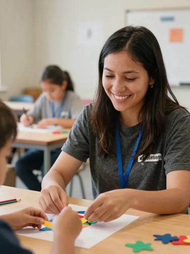 Portrait shot of a volunteer smiling while helping a child with a craft project in a brightly lit community center, natural Pacific Northwest daylight, warm organic tones, shallow depth of field, 35mm
