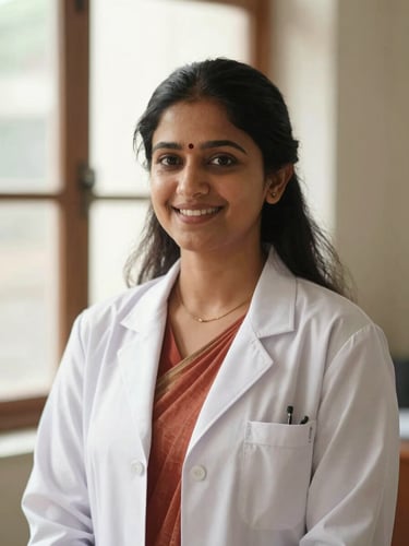 Warm professional portrait of Dr. Anjjalee V Reddy in natural daylight, wearing a white clinical coat over a terracotta sari, smiling reassuringly, shallow depth of field, 35mm