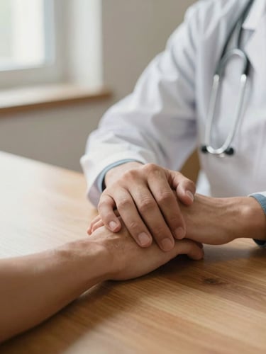 A close-up of a doctor gently holding a patient's hand on a wooden table, soft natural window light, warm terracotta tones, calming medical environment, 35mm
