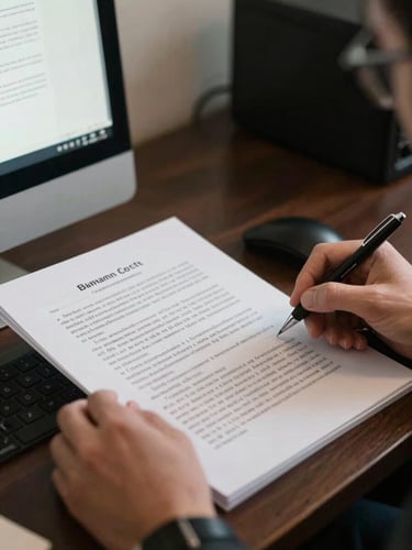 Close-up of hands reviewing a legal case document on a desktop monitor, even indoor daylight from the left, precise document detail visible on screen, dark desk surface, no smiling subjects