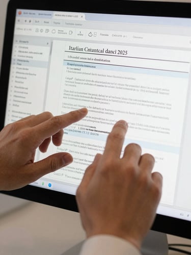 Hands navigating a detailed Italian court filing portal on a monitor, case docket numbers and procedural fields clearly visible, bright even office light, close-up framing showing screen detail