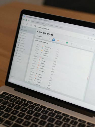 Close-up of the Penelope platform interface on a laptop screen showing a case proceedings panel with status indicators and filing dates, even daylight, precise screen detail, neutral desk context