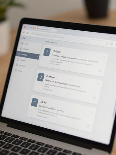 Close-up of a three-step filing workflow on a software interface screen, each step clearly numbered, document upload confirmation visible, even indoor daylight on a clean desk surface