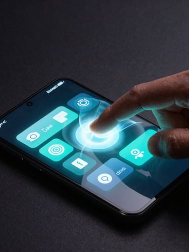 Dynamic isometric close-up of a flagship Android device screen glowing in a dark studio, showing a fluid custom UI widget, kinetic motion-blur of a hand interacting with the display, cyber-cyan reflections.