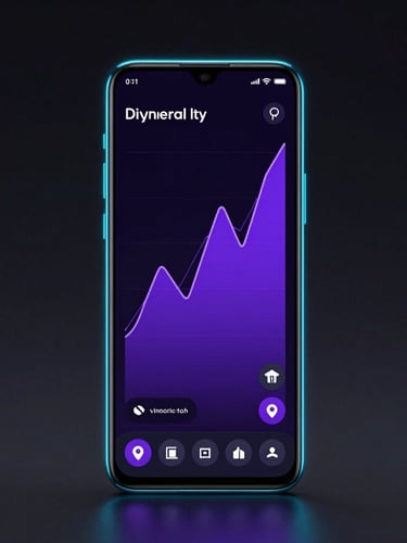 Dynamic isometric view of a flagship Android smartphone screen glowing in a dark studio, showcasing a custom dark-mode UI with sharp cyber-cyan borders and vibrant purple charts.