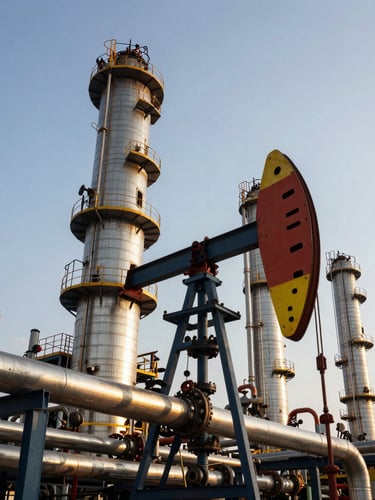 Low-angle dramatic industrial photography of oil refinery towers, steel pipes under high pressure, golden hour flare, safety orange accents, sharp focus.