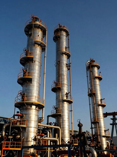 Dramatic low-angle industrial photography of oil refinery distillation towers at sunset, intense high-contrast lighting on steel pipes, safety orange accents, sharp focus, 35mm lens