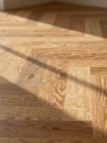 Low-angle floor perspective of a master artisan installing a herringbone pattern with aged oak planks, soft golden hour light casting long shadows across the dust-free wood surface, 35mm