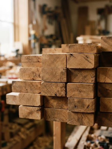 Close-up of raw oak timber planks stacked in a workshop, soft side-lit window daylight highlighting the natural wood grain, macro depth of field, 35mm