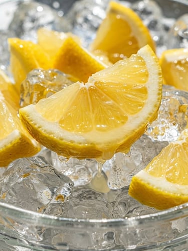 Close-up macro shot of dripping freshly cut lemons on ice, bright direct summer sunlight, saturated tropical tones, crisp shadows, 35mm lens
