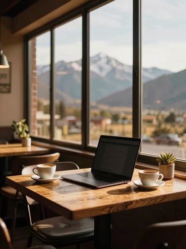Warm editorial photography of a cozy cafe workspace in Mendoza with a view of the Andes mountains through a large window, golden-hour light casting long shadows, a laptop and a cup of coffee on a wooden table, 35mm film look.