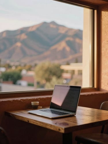 Warm editorial photography of a cozy cafe workspace in Mendoza with sun-baked terracotta walls, golden-hour mountain light through a large window, a laptop open on a wooden table, 35mm film look.