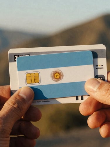 Close-up of hands holding a local Argentine SIM card and a transit pass, warm golden hour sunlight, shallow depth of field, 35mm film look.