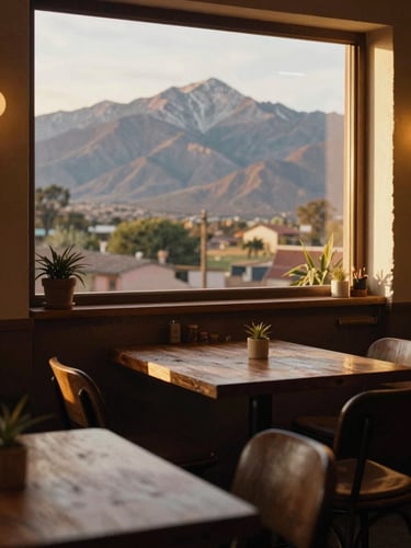 A warm, environmental shot of a cozy cafe workspace in Mendoza with mountains visible through the window, golden-hour light, 35mm film look.