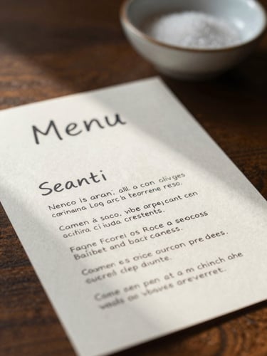 Close-up of a handwritten seasonal menu card resting on a dark wood table, soft north-facing daylight raking across the paper texture, a ceramic salt dish slightly out of focus in the background