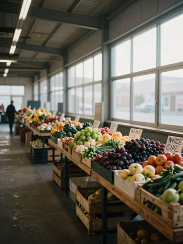 Wide environmental shot of a quiet indoor food market hall, early morning before opening — long wooden vendor tables receding into the frame from the left, produce crates and hand-lettered signs visible in the foreground, diffuse north-facing daylight pouring through large windows on the right, no people, cool natural tones