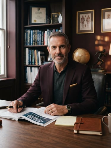 Editorial portrait of an elite sports science professor in a modern dark-toned academic study, soft gold accents, professional lighting, sharp focus, 35mm
