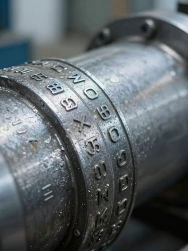 Macro close-up of a weathered metal serial plate on a hydraulic cylinder, stamped numbers clearly visible, cool-toned industrial workshop lighting, sharp details, 50mm