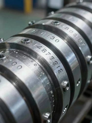 Tight technical close-up of a metal serial plate on heavy machinery, clearly showing engraved numbers and text, cool workshop lighting, sharp focus on details.