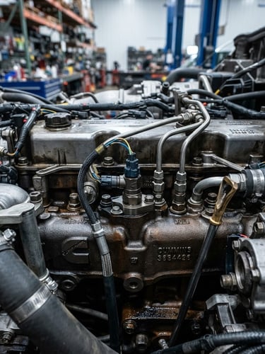 Close-up of heavy-duty truck engine components, clean, industrial workshop lighting, sharp details, 50mm