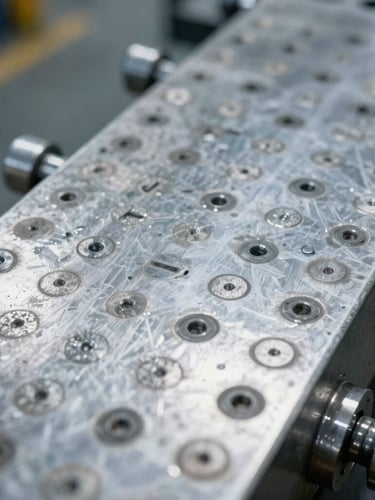 Macro shot of a metal serial plate on heavy equipment, sharp industrial photography, cool warehouse lighting